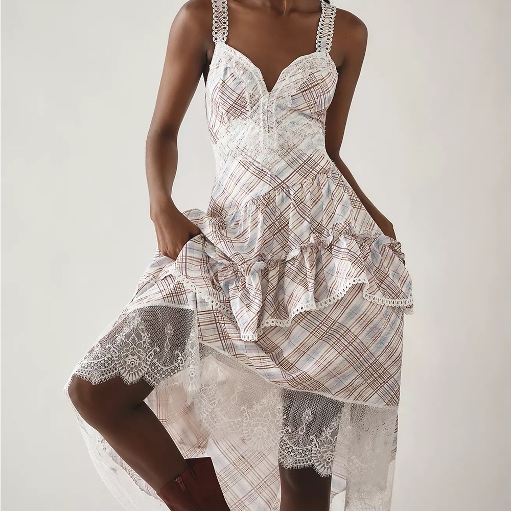 Anthropologie The Bobbi Plaid Lace-Trim Ruffle Midi Dress in White & Brown Large - Picture 3 of 7
